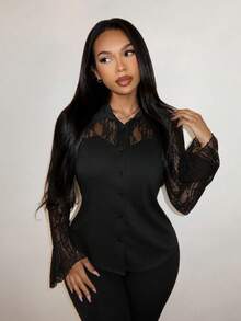 SHEIN SXY 黑色蕾絲拼接長袖鈕扣襯衫 - 黑色 - 查看 4