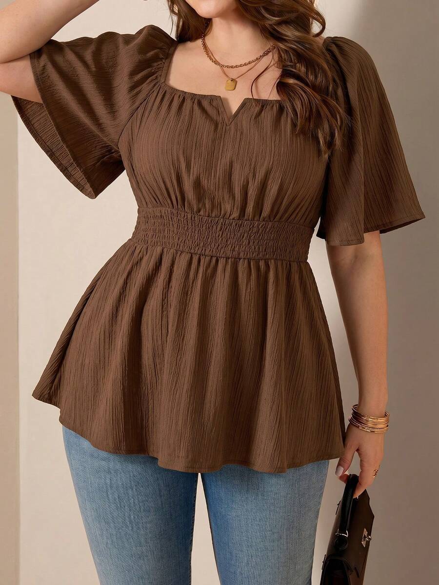 SHEIN LUNE Blusa de talla grande con hombros descubiertos, cuello cuadrado, uso de 2 formas y bajo fluido - Marrón - Ver 1