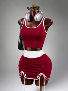 Mistrie Damen Farbblock-Saum Crop Top & Rock Sportset - Rot - Übersicht 4