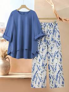 Modelyn Plus Size Long Sleeve Solid Color Shirt & Loose Print Pants 2pcs Set For Women Fall - Blue - View 1