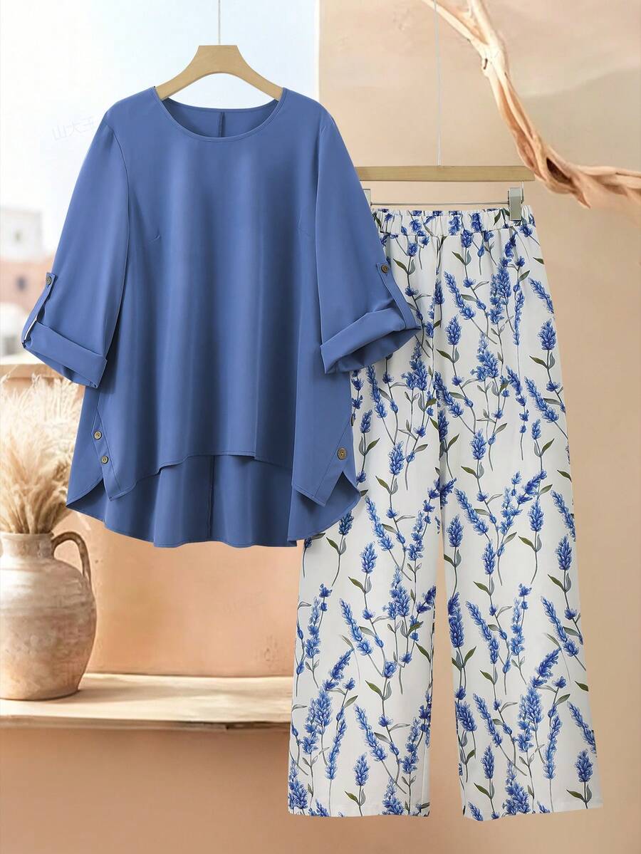 Modelyn Plus Size Long Sleeve Solid Color Shirt & Loose Print Pants 2pcs Set For Women Fall - Blue - View 1