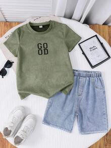 SHEIN 2pcs Tween Boys Casual Versatile Comfortable Round Neck Loose Short Sleeve Knit T-Shirt And Denim Shorts Set, Suitable For Back To School Clothes - Army Green - View 5