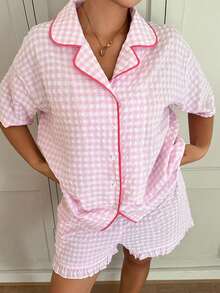 Dazy Plus Summer Sweet Plaid Trim Short Sleeve Ruffle Shorts Set Plus Size Women Spring Summer Pink Cute Pajama Set - Pink - View 3