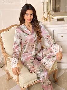 LuxeNights Floral Print Faux Silk Patchwork Water-Soluble Lace Trim Top And Pants Elegant Pajama Set - Multicolor - View 5