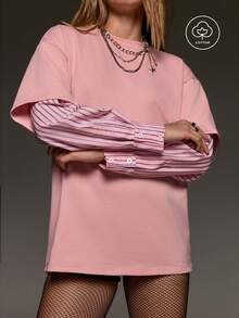 BAD SUNDAY Women's All Season Long Sleeve 2 In 1 Contrast Color Loose Casual Streetwear T-Shirt, Versatile Y2K Vintage Street, Music Festival, Light Pink Autumn - Pink - View 6