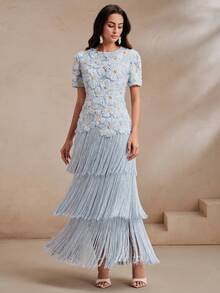Anewsta Sommer Party Urlaub Mesh Applikation 3D Blumen Patchwork Mehrschichtig Quaste Blau Elegantes Kleid für Frauen, geeignet für Urlaub, Partys, Bankette - Blau - Übersicht 4