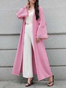 Al Najma 女款 3D 花卉裝飾長袖優雅阿巴雅長袍 - 粉色 - 查看 3