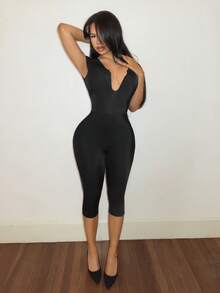 Slaydiva Black Short Sleeve Ruched Deep U Neck Knee‑Length Tight Jumpsuit Women Bodycon Casual Sexy Daily Clubwear Halloween New Year Night‑Out Outfit Summer - Black - View 11