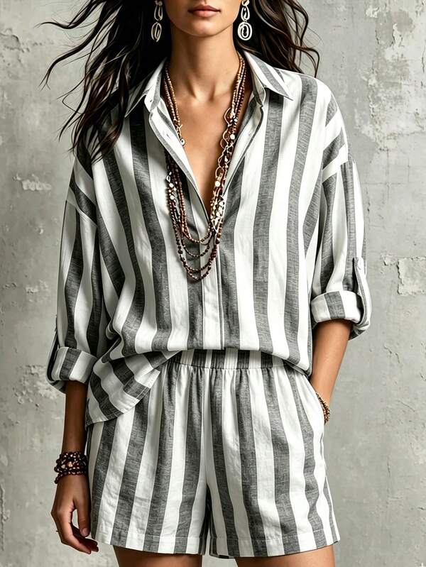 Hotletica Women's Striped Colorblock Top And Shorts Casual Daily 2 Pieces Set