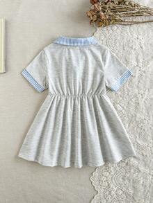 Souflis Souflis 1pc Toddler Kid Girl Preppy Striped Patchwork Polo Collar Bow Short Sleeve Pleated Soft A-Line Dress For School Daily Party Summer Casual Outfit - Baby Blue - View 2