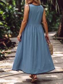 Linhara Plus Size Women's Casual Round Neck Sleeveless Solid Color Dusty Blue Long Dress, Summer Vacation Outfit, Beach Elegant Fabric, Fashion Home - Blue - View 5