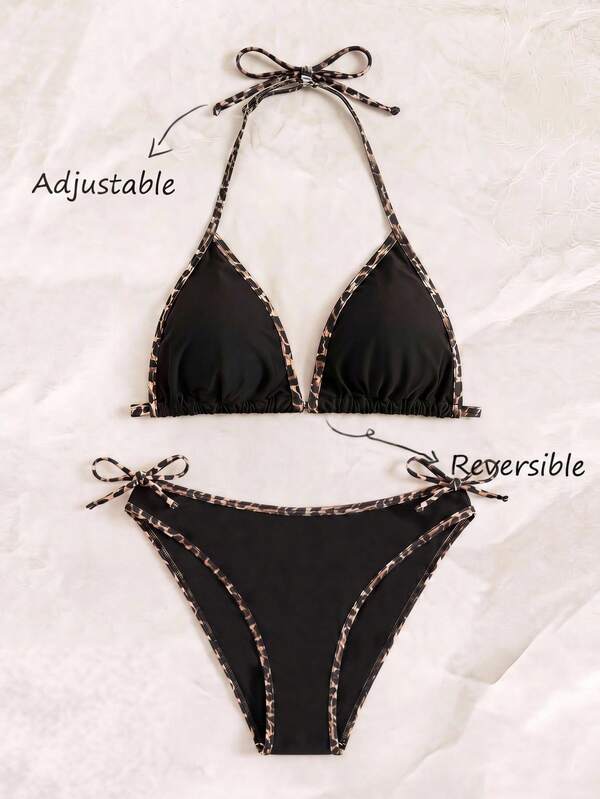 SHEIN Kids Teen Girls Summer New Black Solid Color Patchwork Contrast Leopard Print Pattern Minimalist Fashion Spaghetti Strap Bikini Set, Casual Beach Vacation Set, Summer Beach, Fashion New