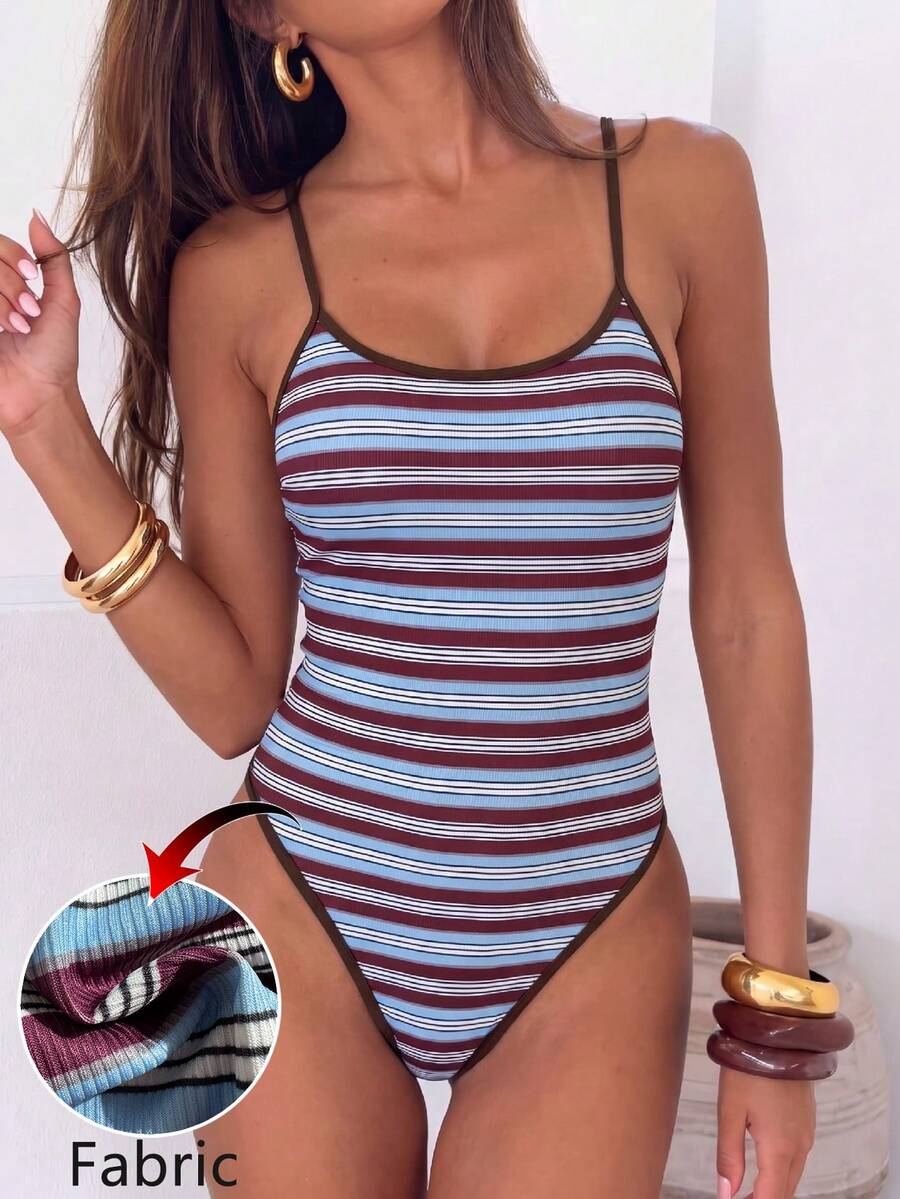 Swim Mod Women's One-Piece Swimsuit, Island Vacation Halter Backless High Slit Sexy Monokini, Versatile Casual Romper - Coffee Brown - View 1