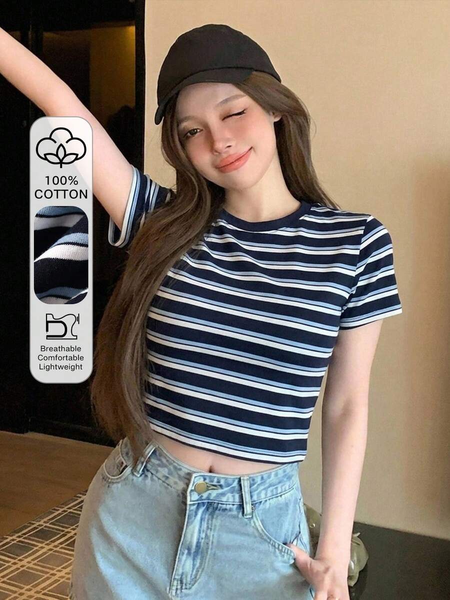 DAZY 春夏修身配色拼接條紋格紋商務休閒風時尚辦公穿搭街頭風底層短袖女款T恤 - 藍色 - 查看 1
