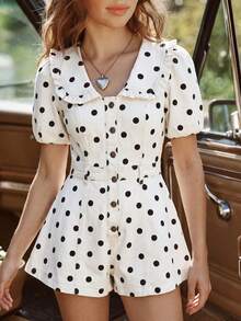 WESTFADE Ruffle Collar Short Sleeve Polka Dot Denim Jumpsuit, Summer, Vacation, Beach, Holiday, Female Country Look, Western, Cowgirl, Rodeo, Fall, Autumn - Apricot - View 5