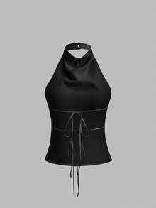 Sweetra Solid Color Halter Draped Open Back Tie Camisole - Black - View 2