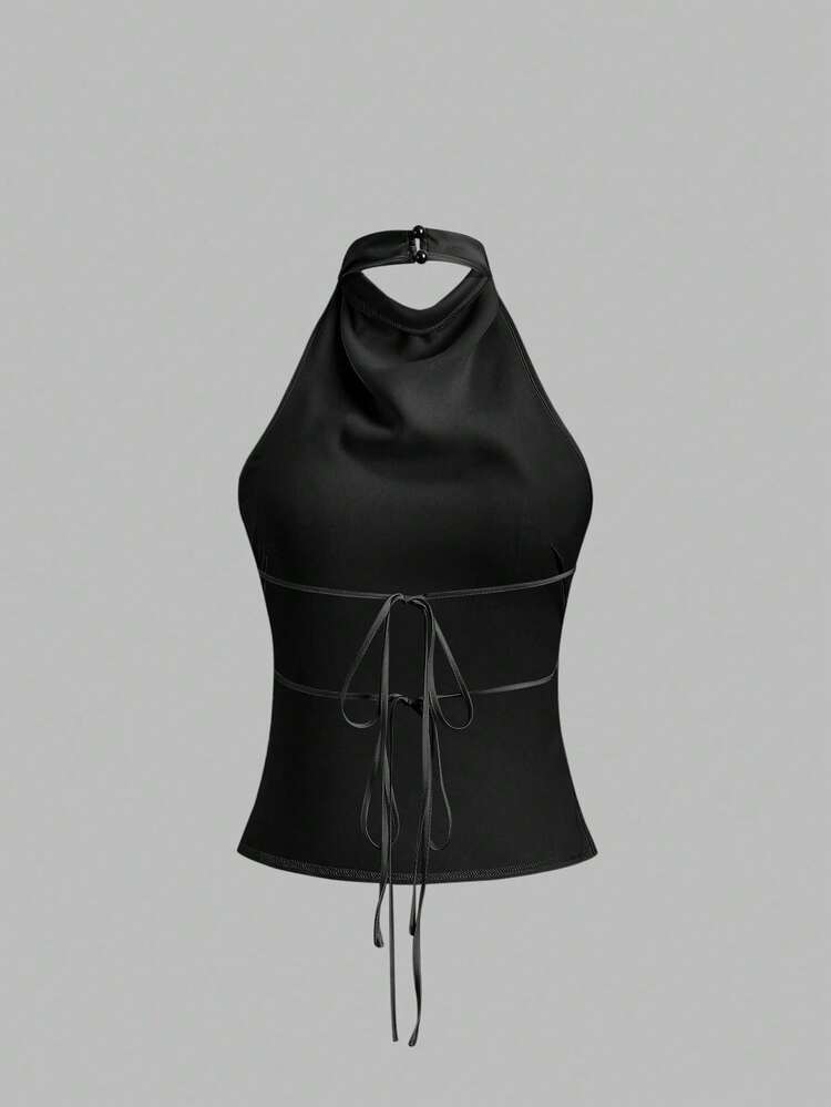 Sweetra Solid Color Halter Draped Open Back Tie Camisole | SHEIN USA