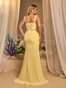 Glamrae Plus Size Elegant Luxurious Yellow Embroidered Sequin Lace Patchwork Satin Off-Shoulder Hanging Sleeve Sheer Sexy Mermaid Skirt With Slit And Side Drape, Suitable For Wedding, Event, Bachelorette Party, Vacation, Prom, Evening Gown (Heavy Work Style) - Yellow - View 3