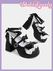Dola Lovely Women's Shoes, Black, Satin Texture, Stylish Sweet Bow Embellished Lace High Heel Mary Jane - Black + Satin - View 5