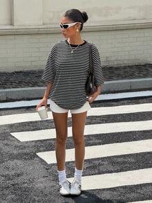 Muchica Women's Versatile Striped Colorblock Round Neck T-Shirt For Daily Wear - Black - View 5