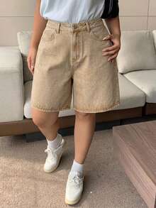 Dazy Plus Khaki Back Pocket Bow Embroidery Straight Leg Knee Length Denim Shorts Spring/Summer Back-To-School Date Night Hiking Casual - Camel - View 3