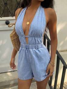 Rivivi Women's Deep V Halter Neck Non-Stretch Backless Sexy Denim Romper - Blue - View 5