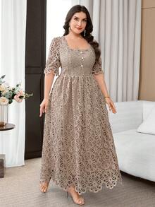 Reflora Vestido de Talla Grande unicolor con Manga Abullonada y Botones de Perla - Caqui - Ver 6