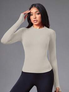 SHEIN Sports 女款素色插肩袖長袖運動T恤/無縫/拇指孔 - 卡其色 - 查看 4