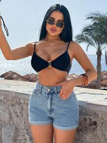 SHEIN Cottnline 100% Pure Cotton Black High Waist Mini Denim Shorts For Women - Black - View 4