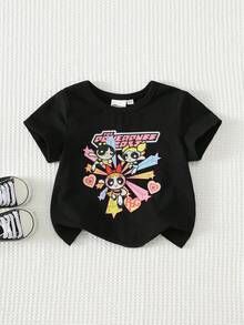 THE POWERPUFF GIRLS X SHEIN 女童少女卡通可愛印花休閒短袖圓領T恤，適合居家、室內、戶外穿著，舒適隨性 - 黑色 - 查看 7