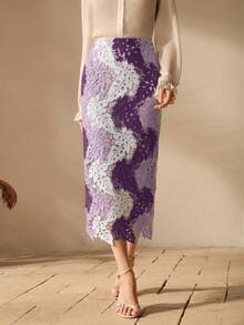 Anewsta Autumn High-Quality Standard Size Women's Fashion Contrast Color Hollow Embroidery Vintage Elegant Skirt, Wedding, Garden Party Night Purple Floral - Multicolor - View 6