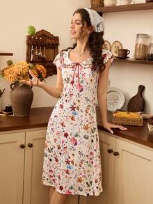 Floral Digital Print Round Neck Double-Layer Ruffle Trim Bow Tie Soft & Comfortable Rib Knit Fabric Cap Sleeve Mid-Length Dress, Pastoral Sweet Dress - Apricot - View 7
