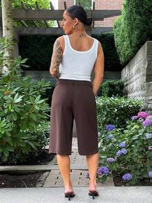 SAYEHFBABY Casual Coffee Brown Woven Fabric Bermuda Shorts For Women Wide Leg Plain Zipper Detail Summer - Coffee Brown - View 2