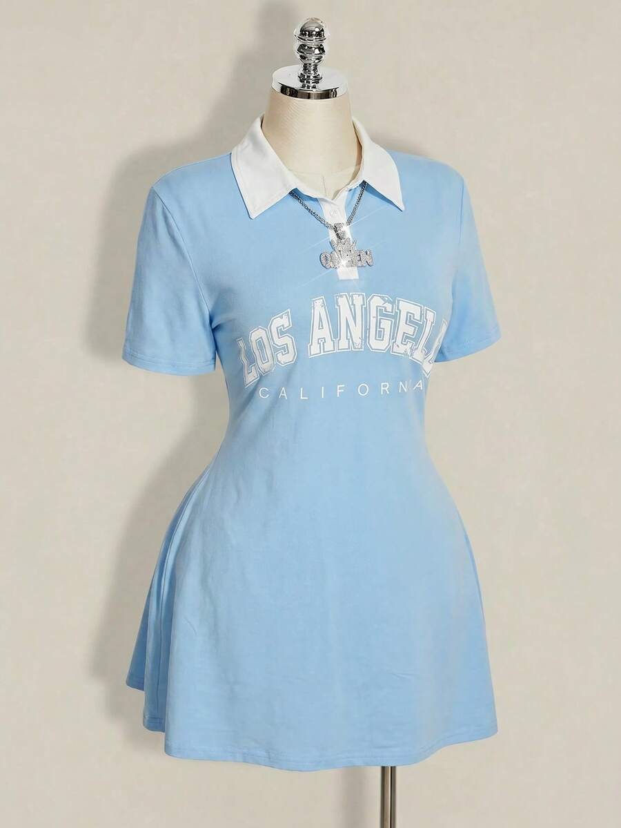 SHEIN ICON Women's Plus Size Polo Collar Light Blue Contrast Mini Dress Back-To-School Graduation Summer 90s - Baby Blue - View 1