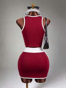 Mistrie Damen Farbblock-Saum Crop Top & Rock Sportset - Rot - Übersicht 2