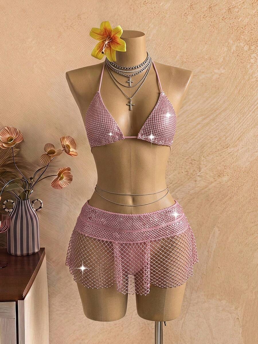 EgrlEra Women's Sexy Super Short Skirt, Rhinestone Embellished Fishnet Fabric, Suitable For Party Occasions - Baby Pink - View 1