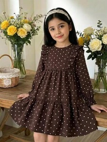 Emery Rose Kids Emery Rose Kids 少女編織可愛休閒波點圖案荷葉邊法式連身裙，長袖洋裝，適合夏秋季節，適合休閒日常穿著與上學，母女/姊妹套裝 - 彩色 - 查看 4
