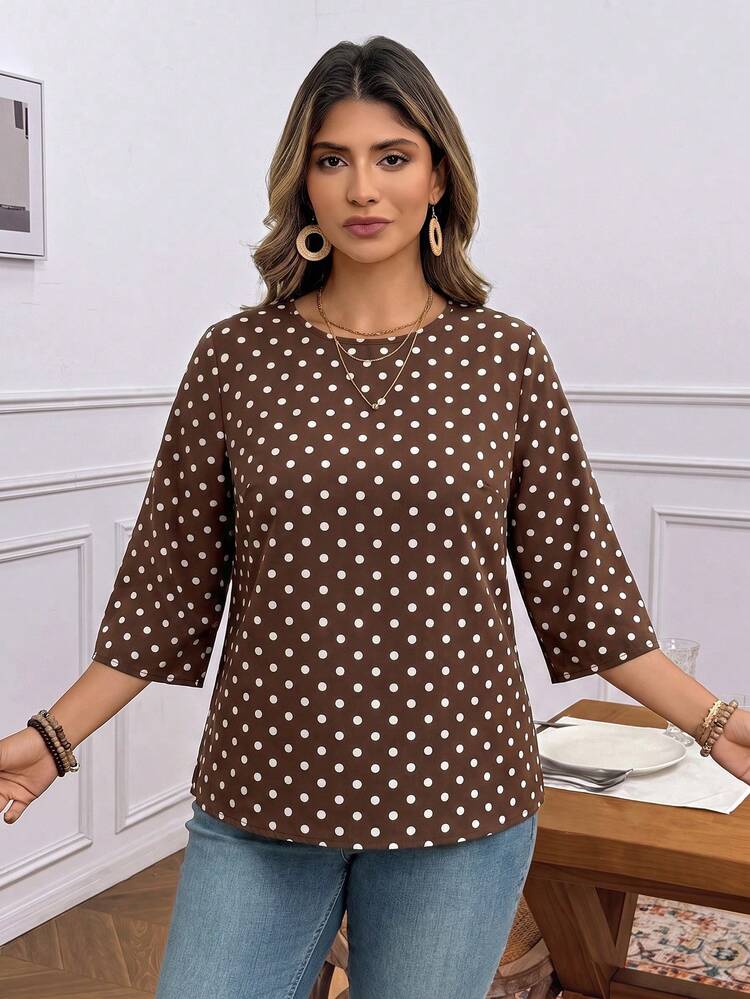 Comfylo Blusa casual de talla grande con estampado de lunares, nueva ropa de playa para mujer para vacaciones de verano y temporada de bodas - Marrón - Añade 5