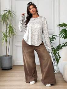 SHEIN EZwear 女款大尺碼豹紋休閒落肩寬鬆長袖T恤 秋季 - 彩色 - 查看 4