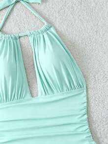 SHEIN Swim 女款夏季海灘素色抓皺性感掛脖式一件式泳衣 - 綠色 - 查看 4