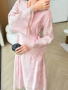 Yasmyna V-Neck Double-Sided Tie Multi-Layer Ruffle Cuff Foamed Print Pink Dress - Pink - View 6