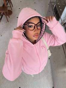 SHEIN Tween女孩蝴蝶結刺繡對比蕾絲連帽拉鍊秋季運動衫 - 粉色 - 查看 11
