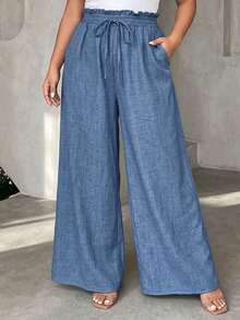 Vionelle Plus Size Women's French Casual Soft Form Capsule Elegant Wide Leg Long Pants Vacation Cruise Navy Blue Summer - Blue - View 2