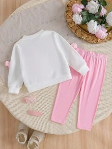 SHEIN 嬰兒/幼兒（女童）灰色羅紋長袖開襟外套，大花裝飾，搭配純色長褲 2 件套，春秋休閒日常寬鬆穿搭 - 粉色 - 查看 2
