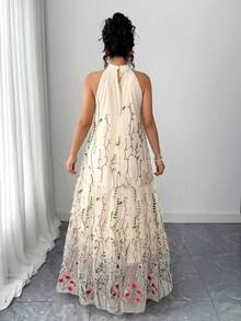 Elenzga Damen Große Größen gewebtes elegantes mintgrünes Kleid mit schwerer Stickerei, Neckholder, Mori-Stil, Mesh-Volumenrock, ärmellos, Feen-Urlaubskleid - Verschiedenfarbig - Übersicht 2