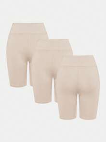SHEIN Tween Girl Casual Basic Sports Slim Fit Wide Knitted Solid Color High Elasticity Leggings Pants 3pcs Set Apricot - Apricot - View 3