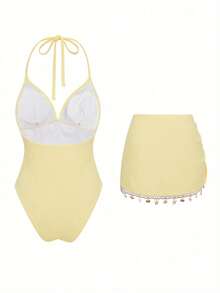 Sunnyshic Swim Oasis-D 女款純色三角比基尼上衣，貝殼鏈條隨機設計，細肩帶，連身泳衣附裙擺，側面抽繩，下身貝殼鏈條隨機設計，2件式泳衣套裝 - 黃色 - 查看 2