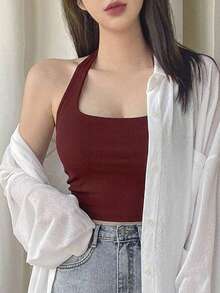 DAZY 女士休闲纯色修身露背吊带背心，适合夏季外出穿着 - 酒紅色 - 查看 6