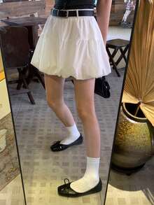 DAZY 女款純色百褶休閒百搭日常穿搭蛋糕迷你裙 - 白色 - 查看 4