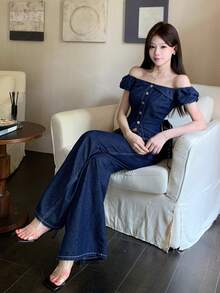 DAZY 夏季水洗藍色開學季優雅牛仔上衣直筒休閒牛仔褲套裝女款牛仔套裝 - 深色水洗藍 - 查看 8